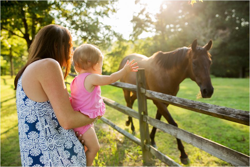 little girl waving at horse