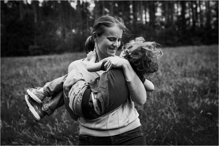black and white portrait, mom and son