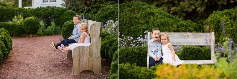brother and sister posing on the bench at barrington hall