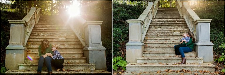 mommy and son sitting on steps at sunset
