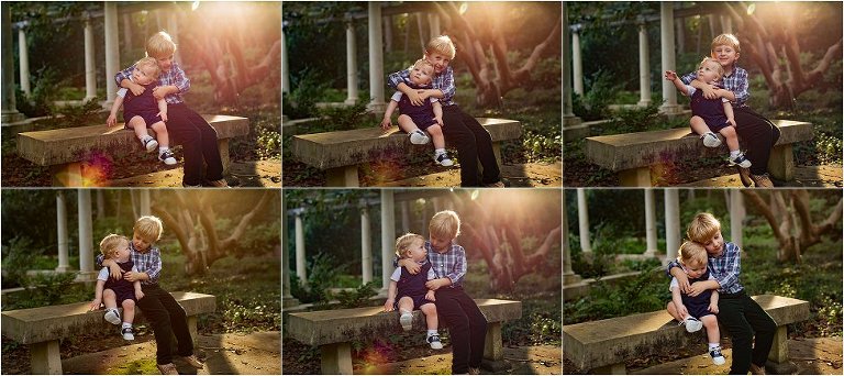 series of images of two little boys in an embrace as the sun sets behind them