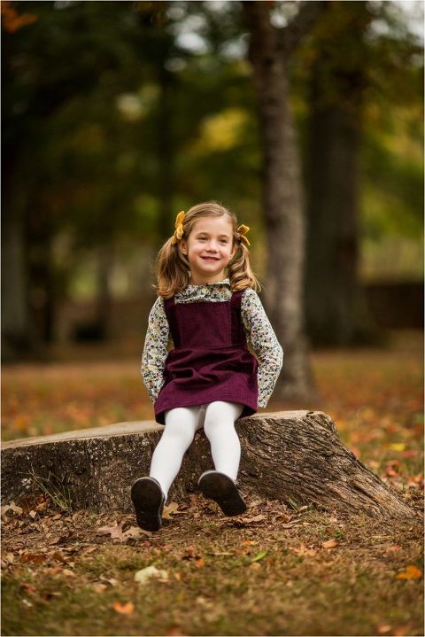 little girl with pigtails sitting on a tree stump