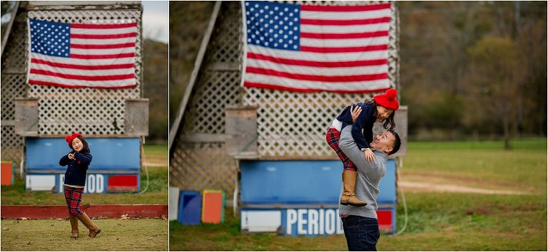 Diptych image of precious little girl making heart sign. And little girl being lifted in the air by her dad while standing in front of American Flag.