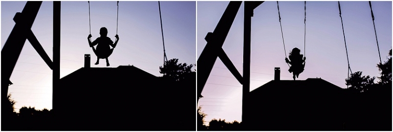 Silhouette photos of children swinging at dusk.